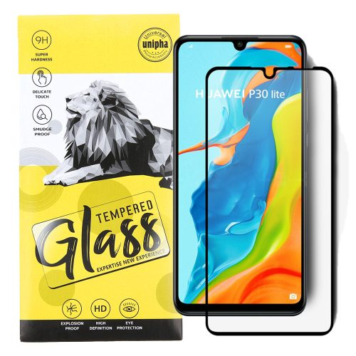 Huawei P30 Lite üvegfólia, tempered glass, előlapi, 9D, edzett, hajlított, fekete kerettel