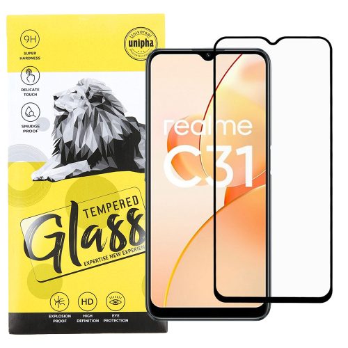 Realme C31 üvegfólia, tempered glass, előlapi, 9D, edzett, hajlított, fekete kerettel