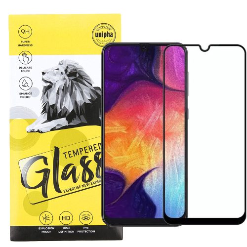 Samsung Galaxy A50 / A30s üvegfólia, tempered glass, előlapi, 9D, edzett, hajlított, fekete kerettel