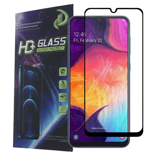Samsung Galaxy A50 / A30s üvegfólia, tempered glass, előlapi, 9D, edzett, hajlított, fekete kerettel
