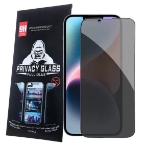   iPhone 13 / 13 Pro / 14 / 16e / 17e üvegfólia, tempered glass, előlapi, edzett, hajlított, fekete kerettel, betekintés védelemmel, Privacy