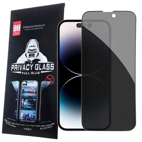 iPhone 14 Pro üvegfólia, tempered glass, előlapi, edzett, hajlított, fekete kerettel, betekintés védelemmel, Privacy