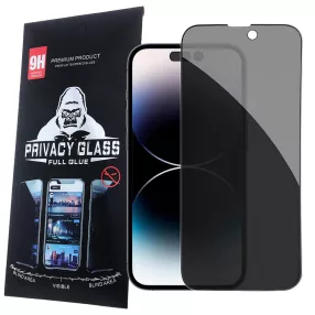   iPhone 14 Pro Max üvegfólia, tempered glass, előlapi, edzett, hajlított, fekete kerettel, betekintés védelemmel, Privacy