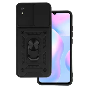   Xiaomi Redmi 9A / 9AT hátlap tok, telefon tok, kitámasztható, mágneses, ütésálló, fekete, Defender Slide