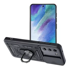   Samsung Galaxy S21 FE 5G hátlap tok, telefon tok, kitámasztható, mágneses, ütésálló, fekete, Defender Slide