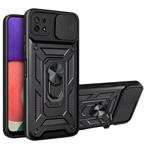 Samsung Galaxy A22 5G hátlap tok, telefon tok, kitámasztható, mágneses, ütésálló, fekete, Defender Slide