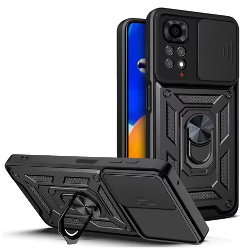 Xiaomi Redmi Note 11 / Note 11S hátlap tok, telefon tok, kitámasztható, mágneses, ütésálló, fekete, Defender Slide