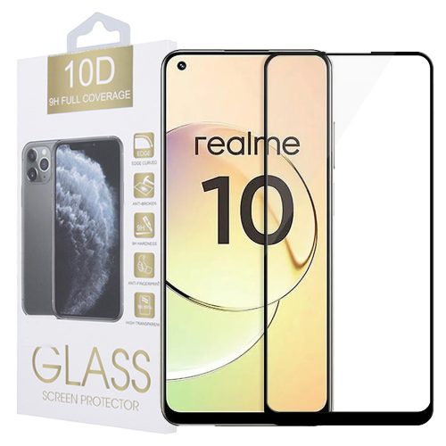 Realme 10 4G üvegfólia, tempered glass, előlapi, 10D, edzett, hajlított, fekete kerettel