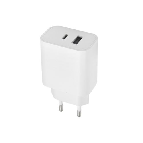 Hálózati töltőfej, adapter, gyorstöltő, USB-C + USB port, fehér, 20W, Maxlife MXTC-06