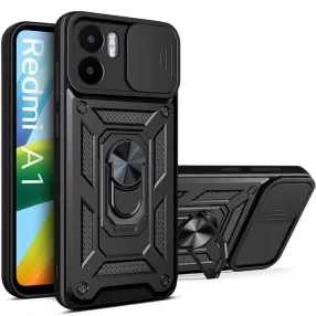   Xiaomi Redmi A1 / Redmi A2 hátlap tok, telefon tok, kitámasztható, mágneses, ütésálló, fekete, Defender Slide