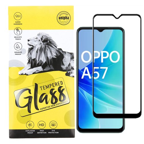 Oppo A16 / A17 / A57 / A57 4G / A57 5G / A57s / A77 / A77 4G 2022 / A77 5G 2022 üvegfólia, tempered glass, előlapi, 9D, edzett, hajlított, fekete kerettel