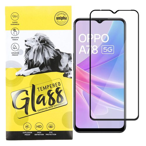 Oppo A78 5G / A58 5G / A58x üvegfólia, tempered glass, előlapi, 9D, edzett, hajlított, fekete kerettel