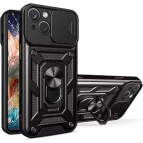   iPhone 15 hátlap tok, telefon tok, kitámasztható, mágneses, ütésálló, fekete, Defender Slide