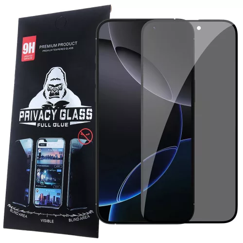 iPhone 15 Pro Max üvegfólia, tempered glass, előlapi, edzett, hajlított, fekete kerettel, betekintés védelemmel, Privacy
