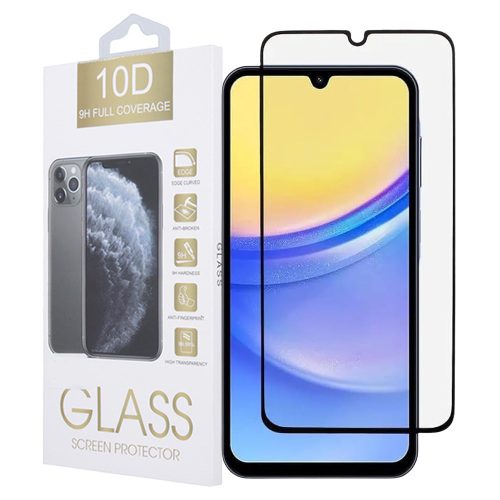 Samsung Galaxy A15 4G / A15 5G üvegfólia, tempered glass, előlapi, 10D, edzett, hajlított, fekete kerettel