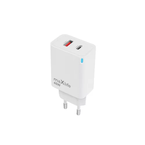 Maxlife MXTC-09-45AC 45W gyorstöltőfej USB + USB-C PD/QC – fehér