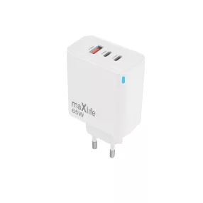   Maxlife MXTC-09-65ACC 65W gyorstöltőfej USB-A + 2xUSB-C port, PD/QC gyorstöltés – fehér