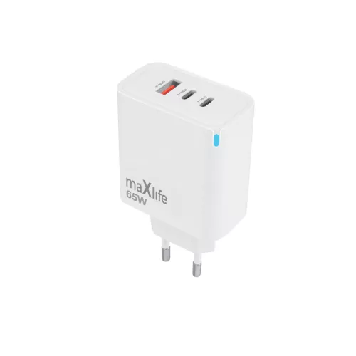 Maxlife MXTC-09-65ACC 65W gyorstöltőfej USB-A + 2xUSB-C port, PD/QC gyorstöltés – fehér