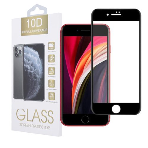 iPhone 7 / 8 / SE 2020 / SE 2022 üvegfólia, tempered glass, előlapi, 10D, edzett, hajlított, fekete kerettel