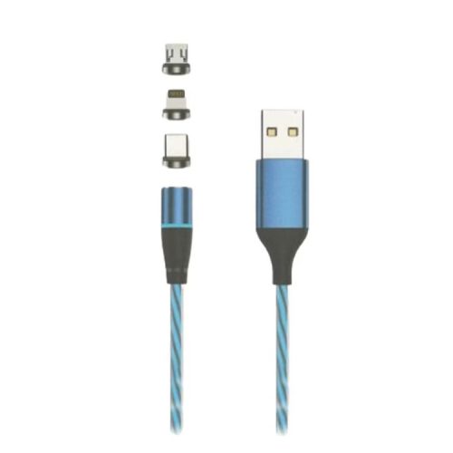 Töltőkábel, mágneses, iPhone 8pin, lightning, Type-C, Micro usb, 3in1, kék, 2.4A, Setty