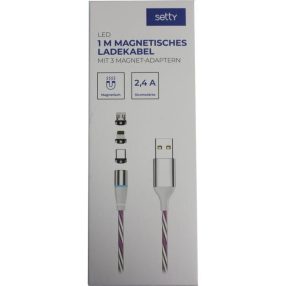   Töltőkábel, mágneses, iPhone 8pin, lightning, Type-C, Micro usb, 3in1, rózsaszín 2.4A, Setty