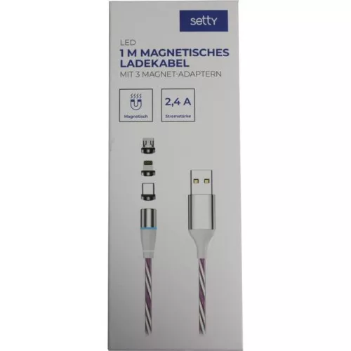 Töltőkábel, mágneses, iPhone 8pin, lightning, Type-C, Micro usb, 3in1, rózsaszín 2.4A, Setty