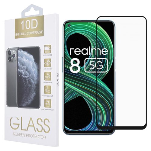 Realme 8 5G üvegfólia, tempered glass, előlapi, 10D, edzett, hajlított, fekete kerettel