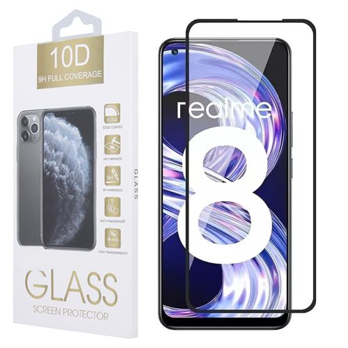 Realme 8 4G / 8 Pro üvegfólia, tempered glass, előlapi, 10D, edzett, hajlított, fekete kerettel