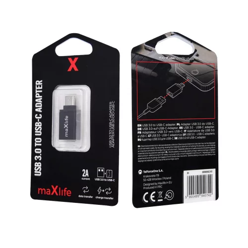 USB-C OTG adapter USB-A 3.0 aljzattal – adatátvitel és töltés, 2A, fekete – Maxlife OEM0002302