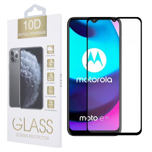 Motorola Moto E20 üvegfólia, tempered glass, előlapi, 10D, edzett, hajlított, fekete kerettel