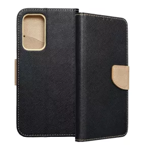   Samsung Galaxy A33 5G könyvtok, fliptok, telefon tok, szilikon keretes, bankkártyatartós, fekete-arany, Fancy