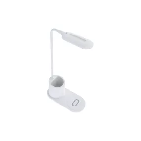   Vezeték nélküli töltővel ellátott LED asztali lámpa 10W Qi gyorstöltő, tolltartóval, fehér – Rebeltec W600