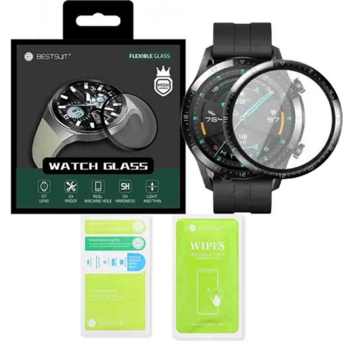 Huawei Watch GT 2e 46mm okosóra üvegfólia, tempered glass, hibrid, flexibilis, edzett, 3D, fekete kerettel, Bestsuit
