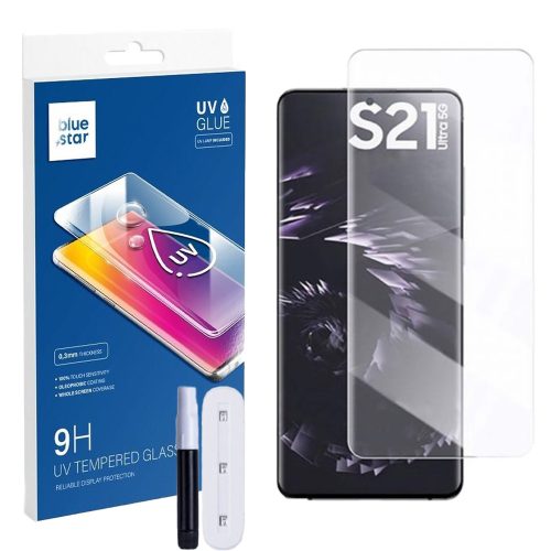 Samsung Galaxy S21 Ultra 5G üvegfólia, tempered glass, előlapi, UV, edzett, hajlított, Bluestar