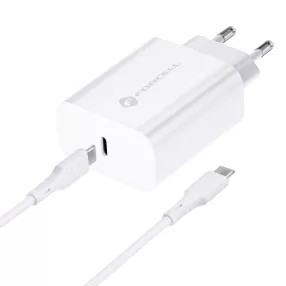   Hálózati töltőfej, adapter, USB-C, Type-C port + Type-C adatkábel, töltőkábel, fehér, 25W 3A, Forcell