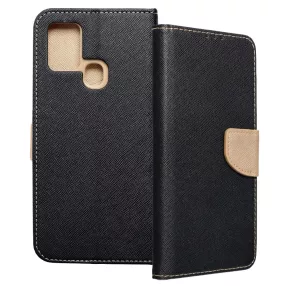   Samsung Galaxy A21s könyvtok, fliptok, telefon tok, bankkártyatartós, mágneszáras, fekete-arany, Fancy