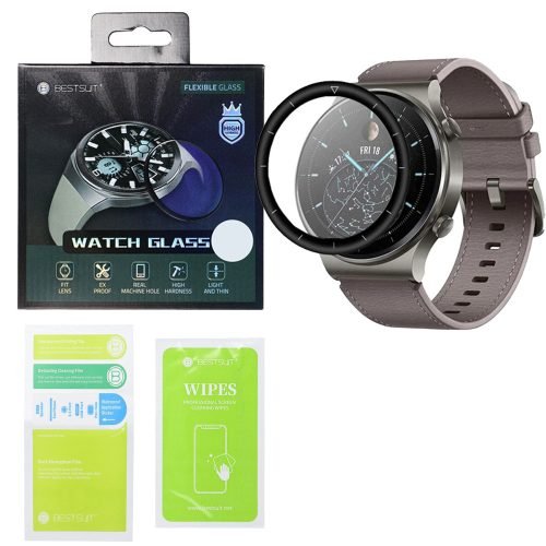 Huawei Watch GT 2 Pro 46mm okosóra üvegfólia, tempered glass, hibrid, flexibilis, edzett, 3D, fekete kerettel, Bestsuit