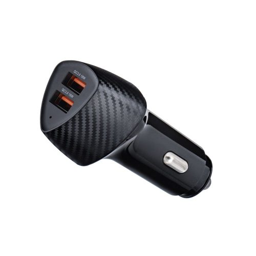 Szivartöltő fej, autós töltő, 2 USB-A port, gyorstöltő, QC 3.0, 2x18W, carbon mintás, fekete, Forcell CC50-2A36W