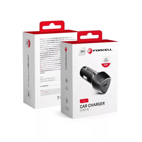 20W PD 3.0 szivargyújtós autós telefon töltő – USB-C, karbon mintás fekete – Forcell CC50-1C