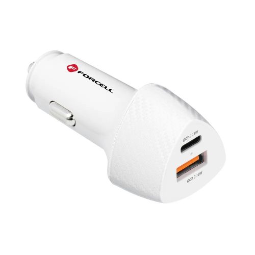 Szivartöltő fej, autós töltő, USB + USB-C (Type-C) port,QC3.0, 18W+20W, carbon mintás, fehér, Forcell CC50-1A1C