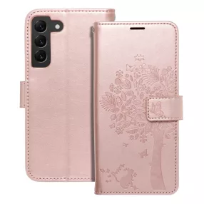   Samsung Galaxy S22 5G könyvtok, fliptok, telefon tok, oldalra nyíló tok, mágneszáras, bankkártyatartós, fa mintás, rose gold, Forcell Mezzo