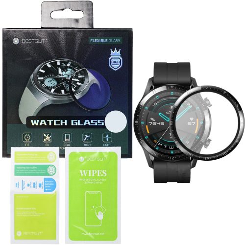 Huawei Watch 3 Pro okosóra üvegfólia, tempered glass, hibrid, flexibilis, edzett, 3D, fekete kerettel, Bestsuit