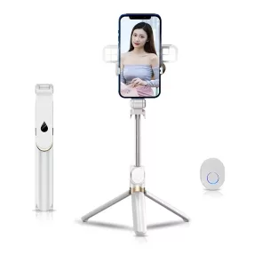   Selfie bot, tripod, távirányítóval, bluetooth-os, vezeték nélküli, levehető LED fénnyel, fehér, Stand XT-06S