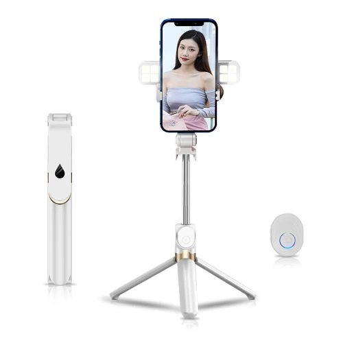 Selfie bot, tripod, távirányítóval, bluetooth-os, vezeték nélküli, levehető LED fénnyel, fehér, Stand XT-06S