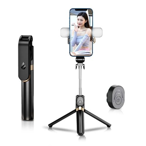 Selfie bot, tripod, távirányítóval, bluetooth-os, vezeték nélküli, levehető LED fénnyel, fekete, Stand XT-06S