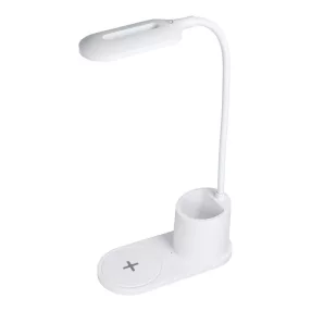   Vezeték nélküli töltővel ellátott LED asztali lámpa 10W Qi gyorstöltő, tolltartóval, fehér – HT-513