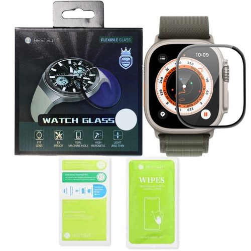 Apple Watch Ultra 49mm okosóra üvegfólia, tempered glass, hibrid, flexibilis, edzett, 3D, fekete kerettel, Bestsuit