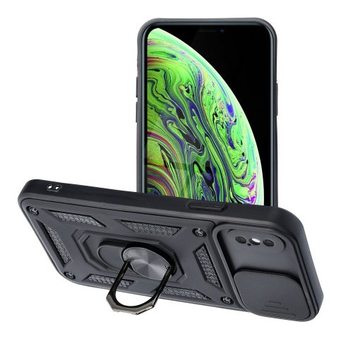 iPhone X / XS hátlap tok, telefon tok, kitámasztható, mágneses, ütésálló, fekete, Slide Armor