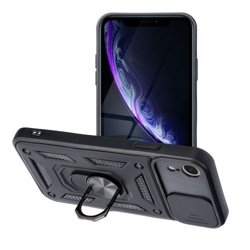iPhone XR hátlap tok, telefon tok, kitámasztható, mágneses, ütésálló, fekete, Slide Armor