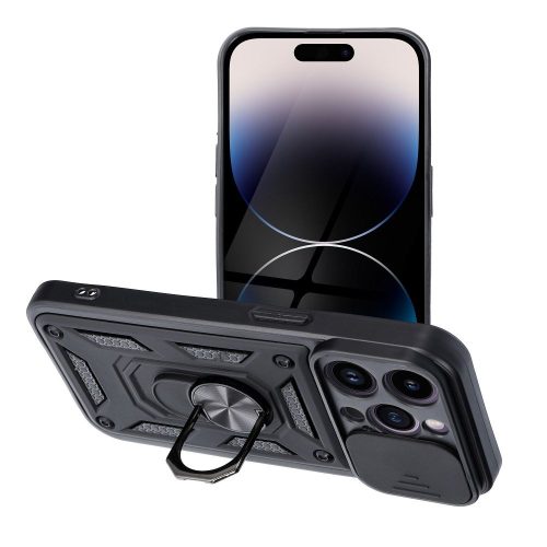 iPhone 14 Pro hátlap tok, telefon tok, kitámasztható, mágneses, ütésálló, fekete, Slide Armor